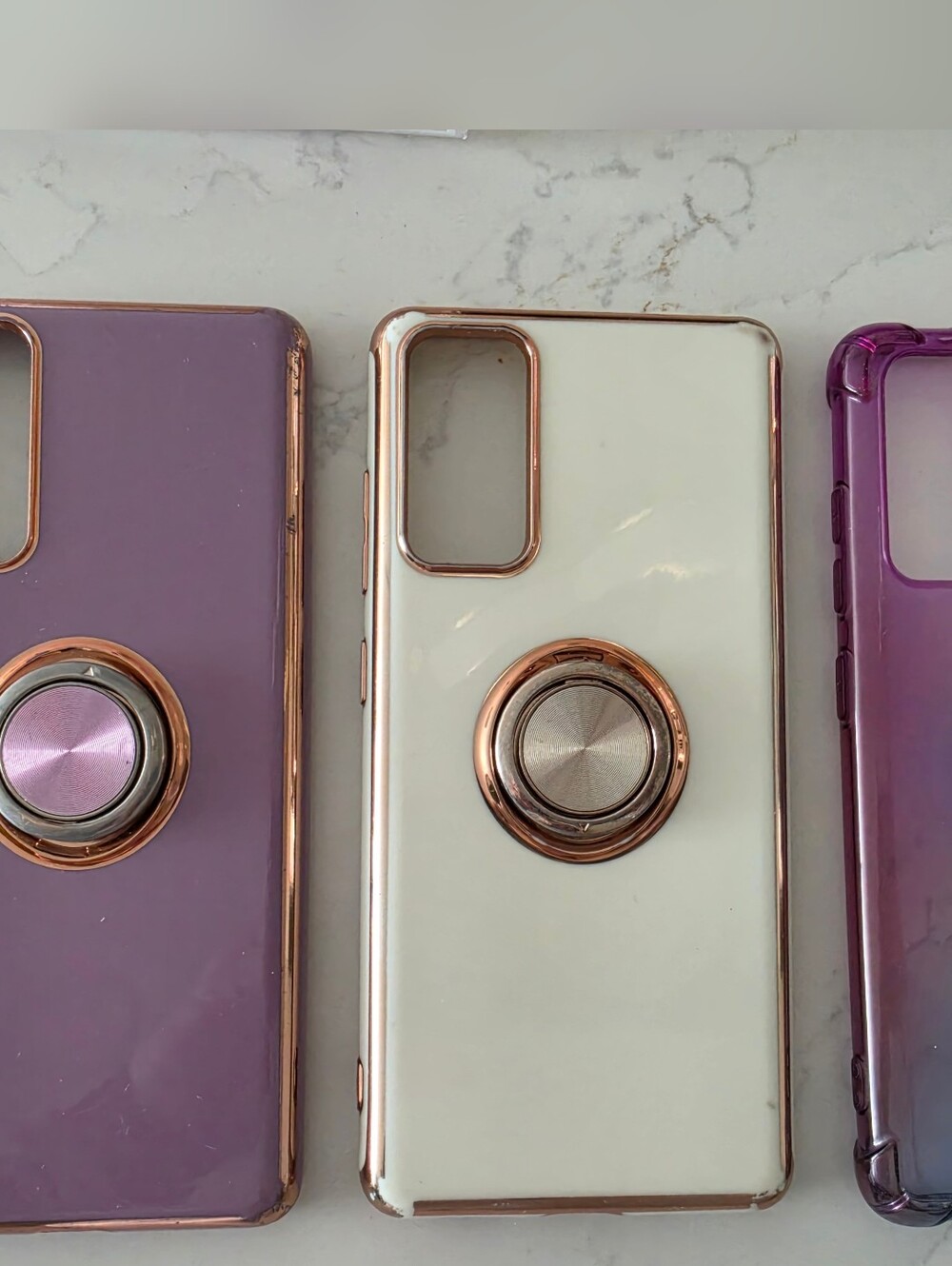 A Bundle Of 3 SAMSUNG S20 FE Phone Case White With Rose Gold, Purple Ring Holder